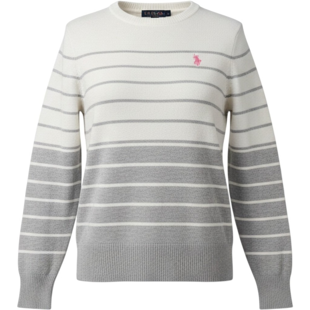 RL US Polo Assn Striped Crewneck Sweater White Grey Preppy Coastal M Old Money